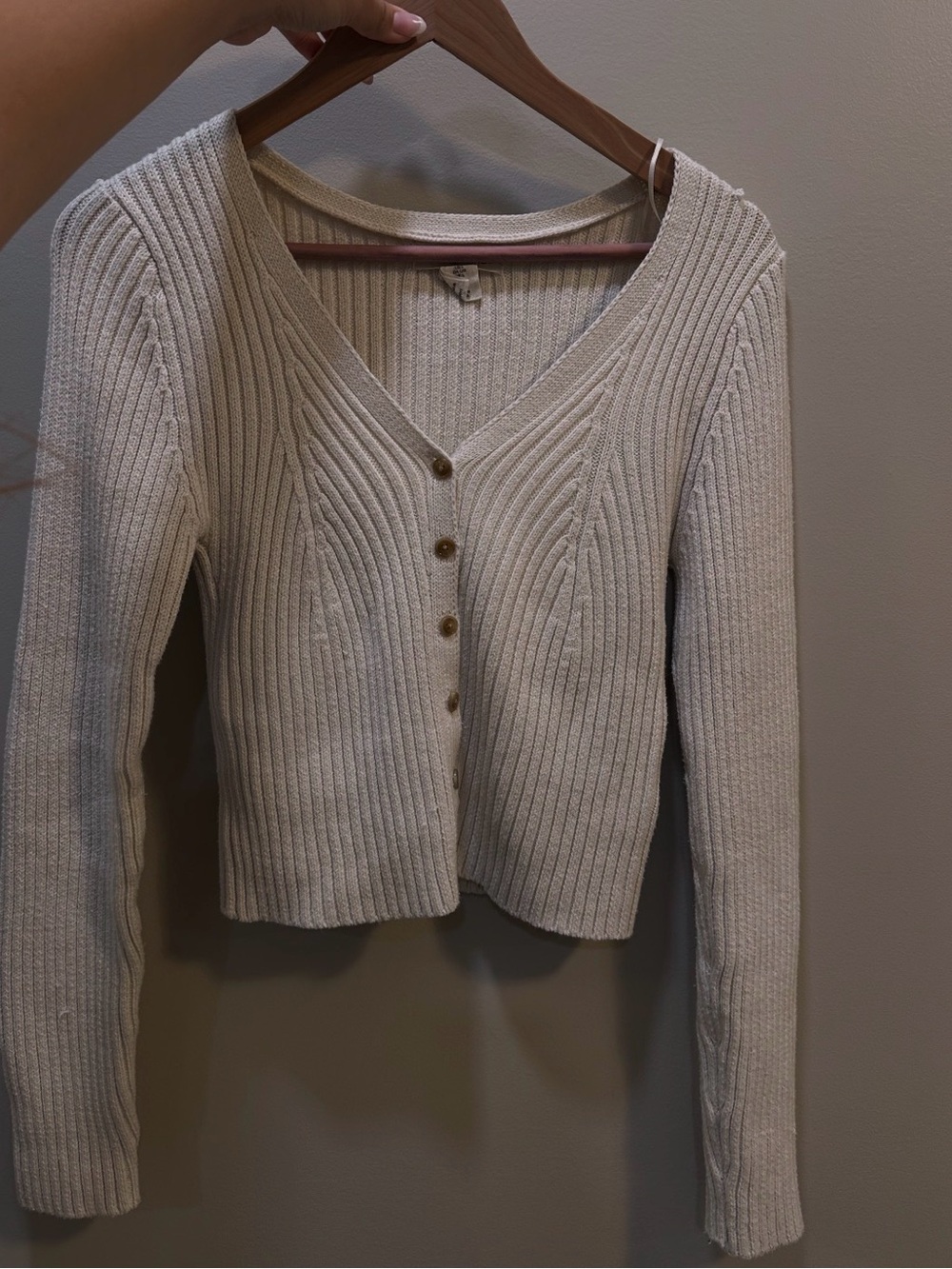 Ribbed V-Neck Button-Front Sweater Cardigan - Cream